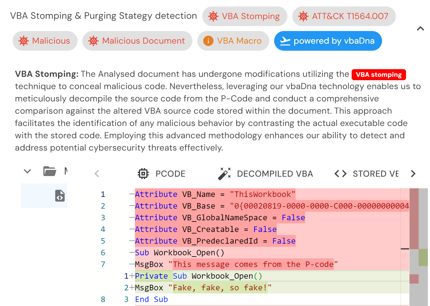 vbaDna High Fidelity decompiler and VBA Stomping and Purging detection